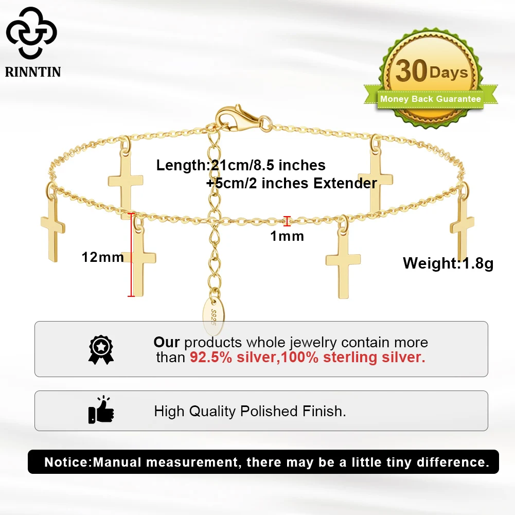 Rinntin 925 Sterling Silver Cable Chain with 5.4*11mm Cross Anklets for Women Summer Ankle Chain Bracelet Barefoot Jewelry SA28