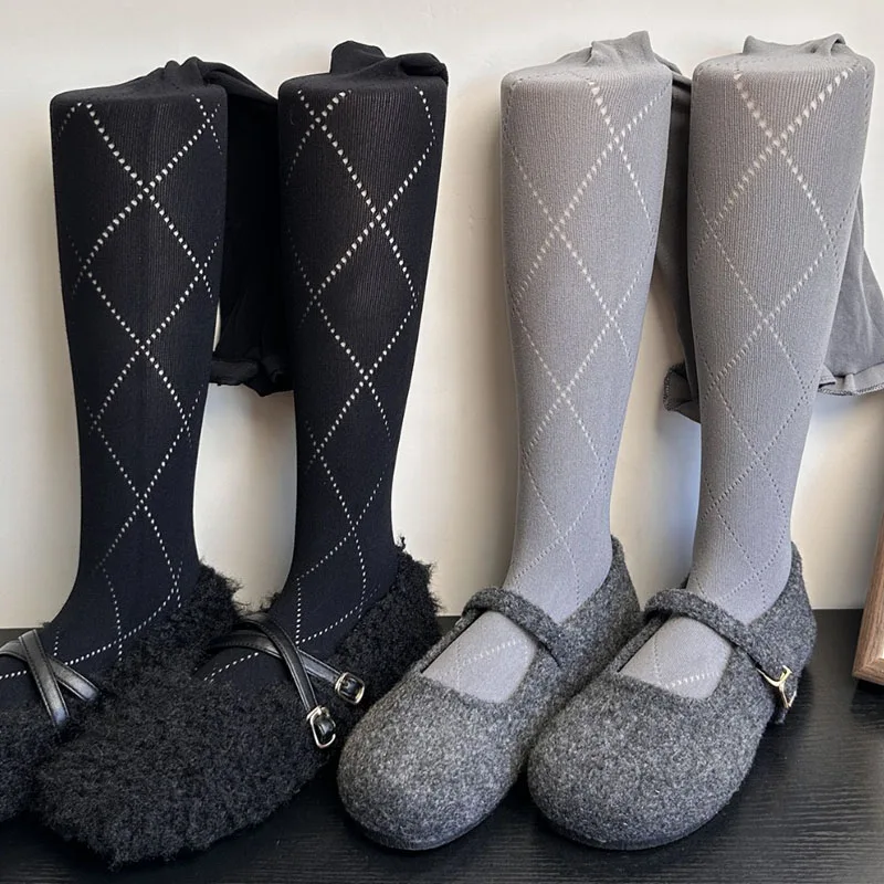 Collant lavorato a maglia jacquard retrò Autunno Inverno Collant basic rombico Calze sottili elastiche alte Leggings termici da donna caldi