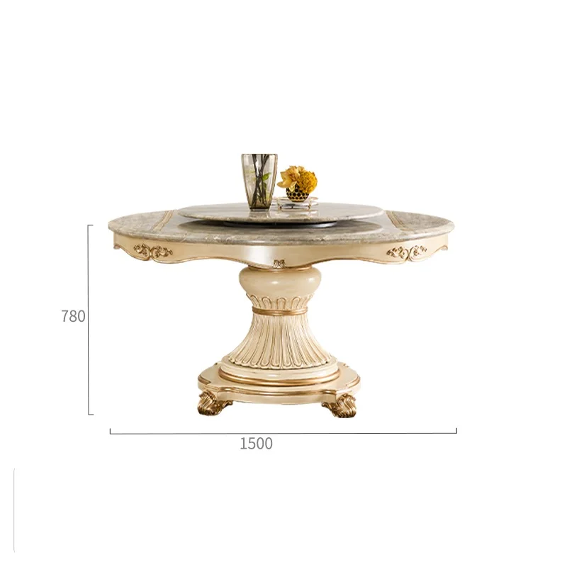 Palace retro French style natural marble dining table European style solid wood rotary table, round dining table