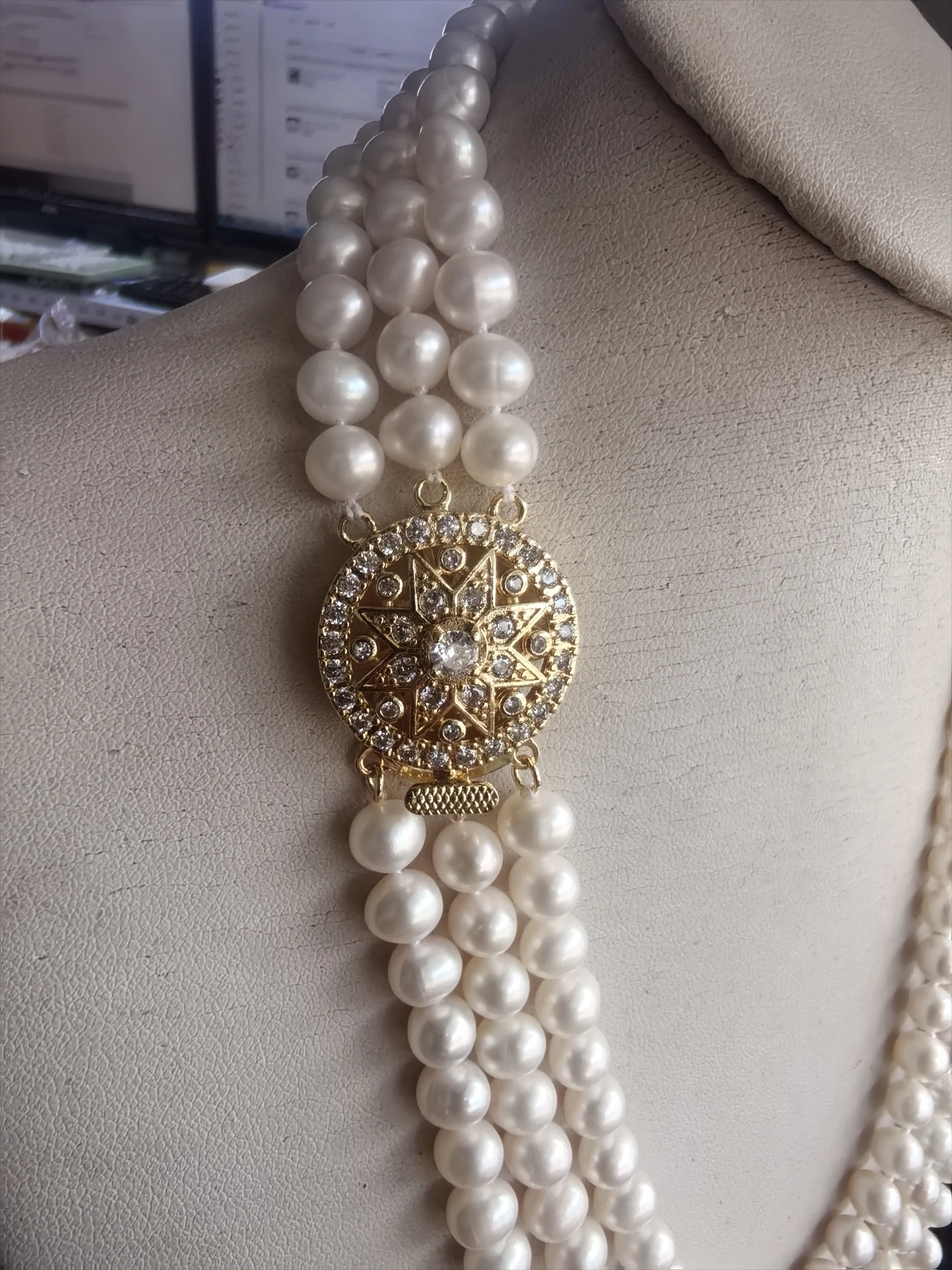 Japan 3rows 18inch Baroque AAA+10-11mm akoya round white Pearl Necklace 925s