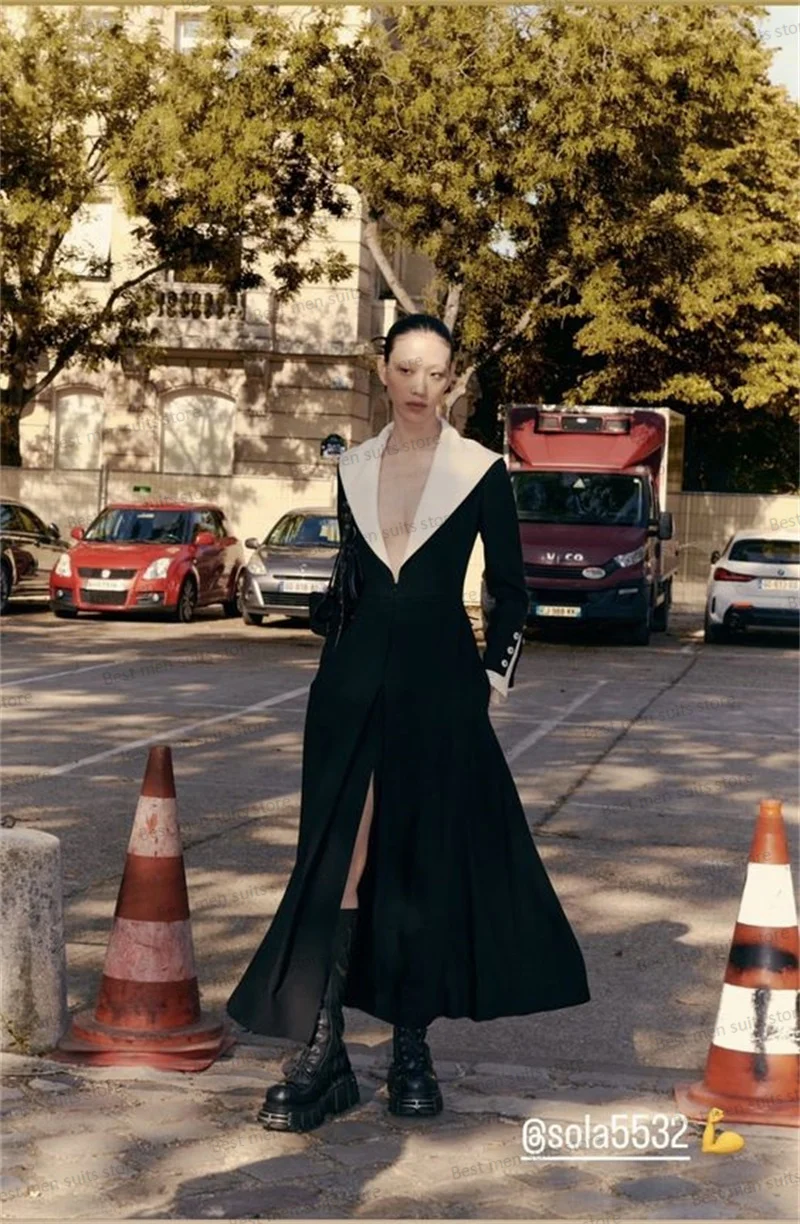 Traje de traje largo para mujer, chaqueta Formal de oficina, vestido de graduación de boda, abrigo de Color Patchwork blanco y negro hecho a medida, otoño