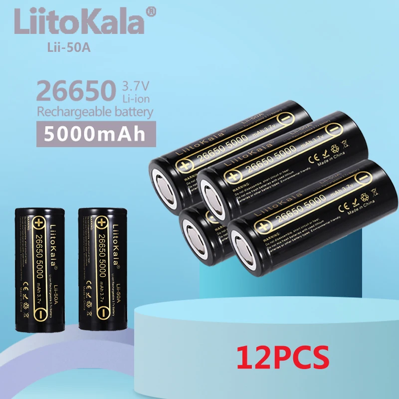 

12PCS LiitoKala Lii-50A Original High Capacity 3.7v 26650 5000mAh battery for Flashlight power Bank Li-ion Rechargeable Battery