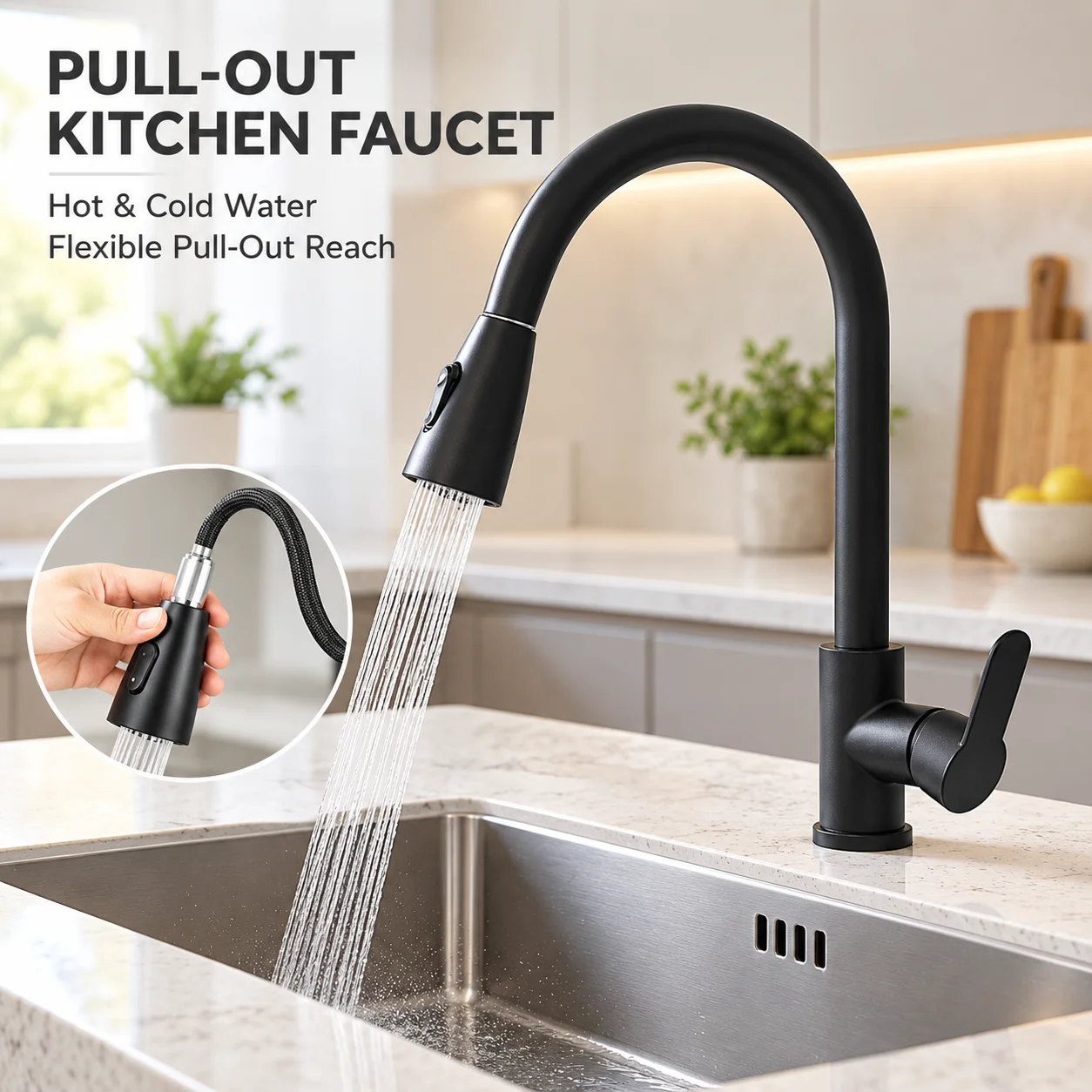 Matte Black Pull Out Kitchen Faucet, Stainless Steel Hot Cold Sink Mixer Tap, High Arc Single Handle Faucet with 2 Spray Modes