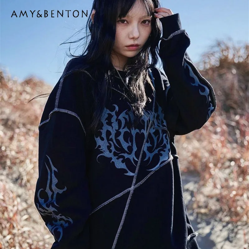 Japanese Harajuku Style Deconstructed Retro Washed Gothic Print Long Sleeve Sweatshirt Subculture Punk Style Oversized Hoodie