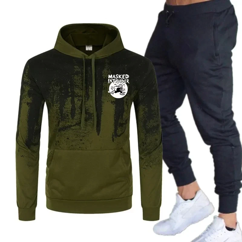 

Men's Hoodie Black White Printed Forest Pattern & Masked Text Casual Streetwear for Daily Wear and Outdoor Activities