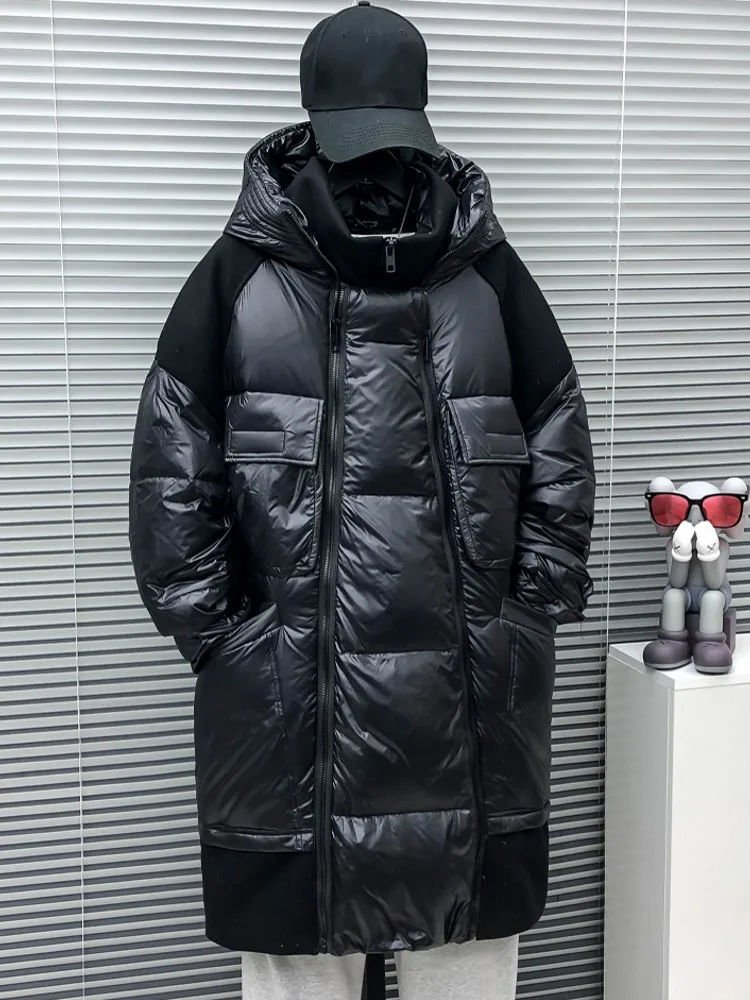 Winter Men Loose Fit Hooded Long Down Jacket Oversized Thick Warm Overcoat Fashion Spliced Multi Pockets Coat Casual Windbreaker