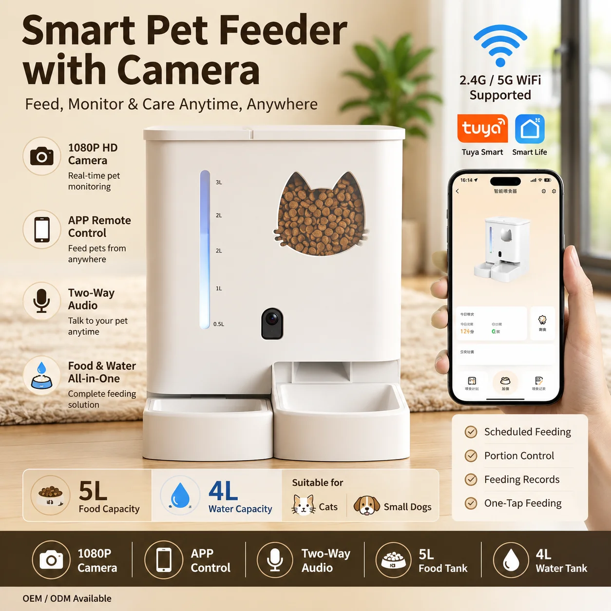 2026 5L Tuya APP Control Electronic Pet Food Water Dispenser Automatic Cat Smart Pet Feeder With Camera WIFI Timer Quantitative