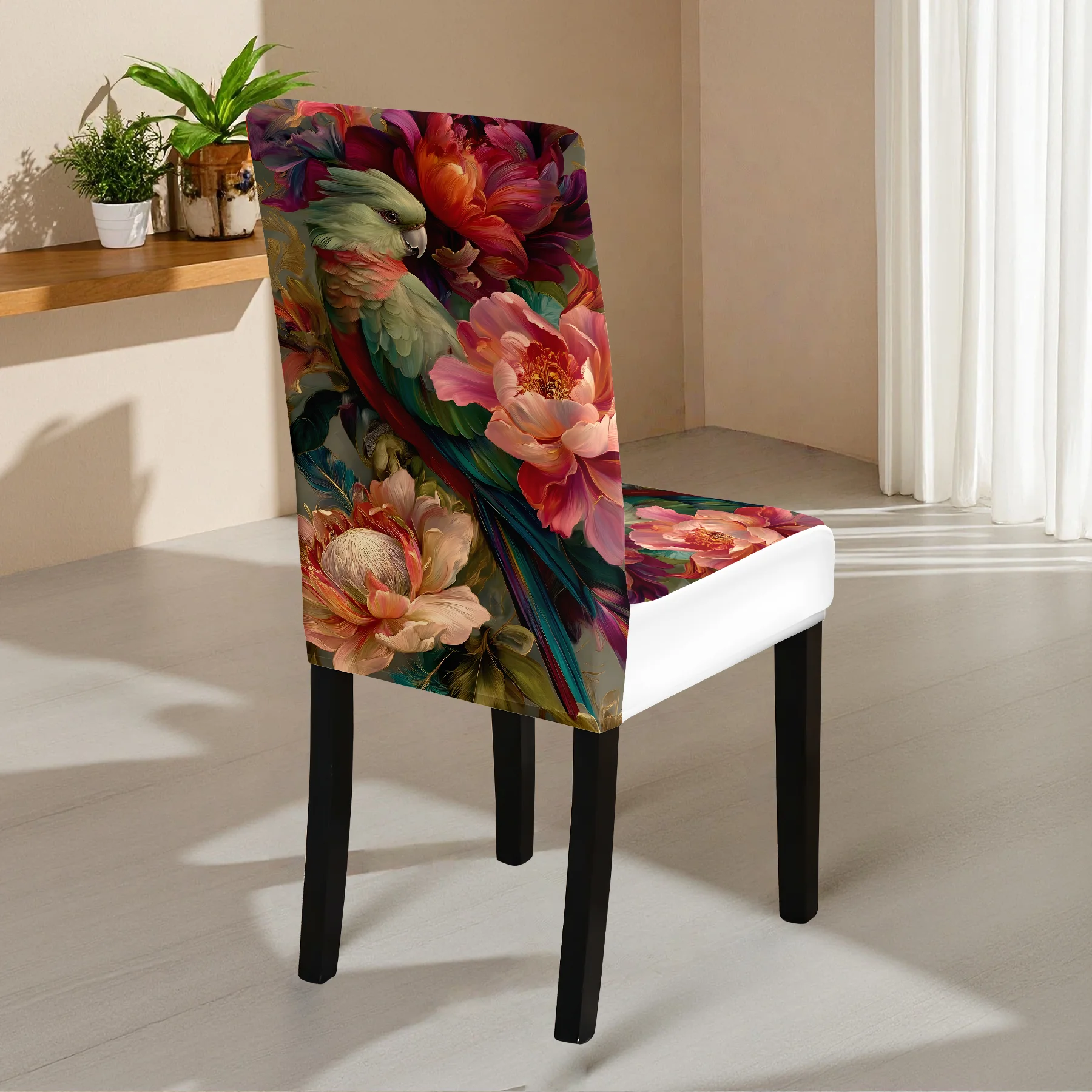 2024 Summer Outdoor Chair Cover, Floral & Parrot Printed Stretchable Dining Chair Slipcover, Washable Anti -
