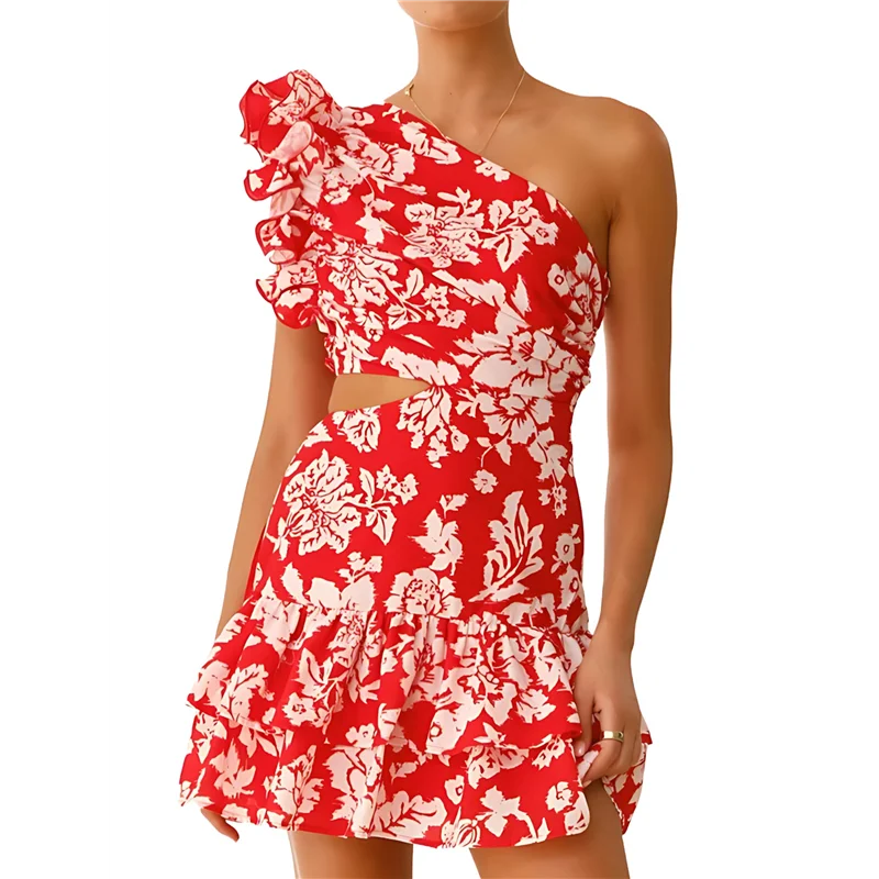 【SEE】캐주얼 여름 꽃무늬 프릴 민소매 컷아웃 미니 드레스 Boho Beach Sundress