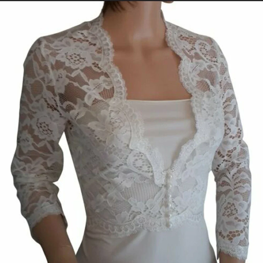 

Свадебные болеро больших размеров, кружевные свадебные куртки с V-образным вырезом и рукавами 3/4, куртка невесты по индивидуальному заказу