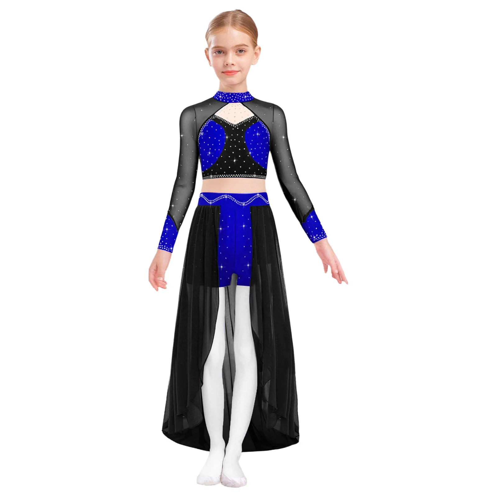 キッズガールモダン叙情的なダンス衣装光沢のあるラインストーン長袖カットアウトメッシュパッチワークカラーブロッククロップトップ+ショートパンツスカートセット