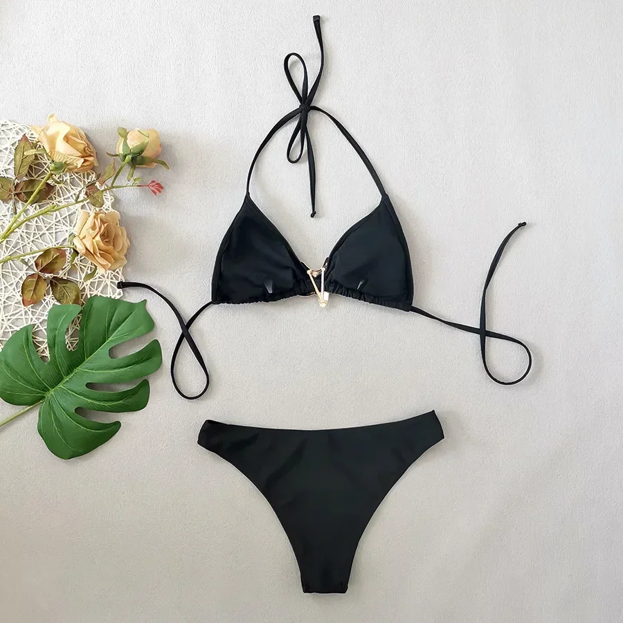 2025 New Women's Pure Color Black Bikini Set Starfish Decoration 2 Piece Swimsuit Sexy Triangle Halter Backless Beach Swimwear