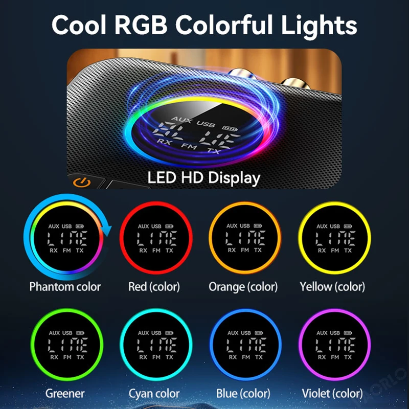 جهاز استقبال صوتي ملون RGB ، بلوتوث ، جهاز إرسال ، FM ، USB ، أضواء من من من نوع RCA AUX ، RCA HIFI ، موسيقى ، شاشة ليد ، محول لاسلكي ، 4 في 1