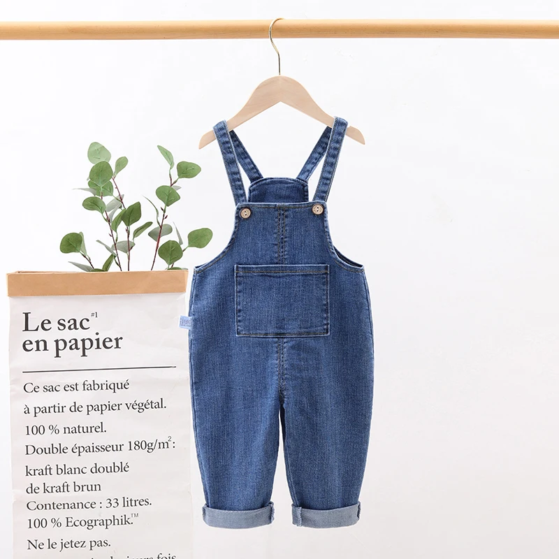 Meninos meninas denim macacão primavera verão bolso solto casual jean macacões 1-5years criança suspender jeans