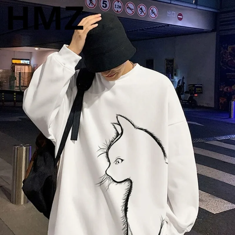 HMZ Fashion Brand Hip Hop Sweatshirts Men Autumn Cotton Sweatshirts New Casual Cat Pullover Street Wear Clothes Men Harajuku Top