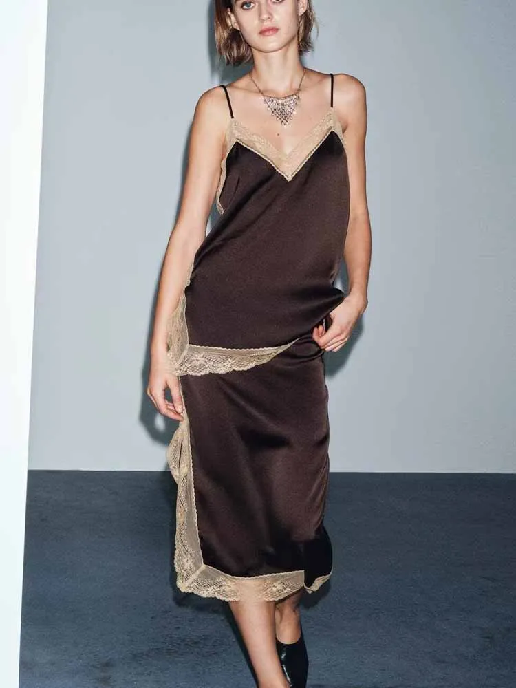 European and American style winter new fashion women's clothing casual versatile simple sleeveless silk satin lace top and skirt