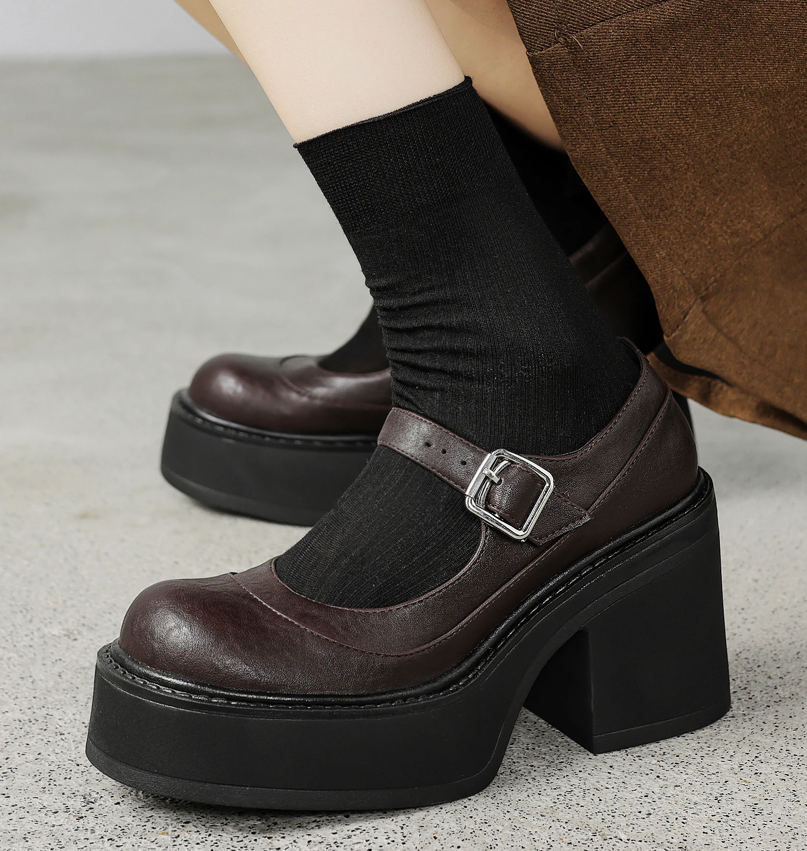 EAGSITY Cow Leather retro mary jane shoes women platform high heel round toe ankle strap shoes footwear cosplay lolita shoes