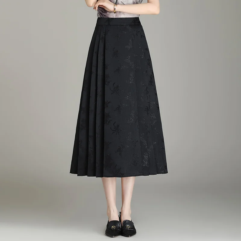 

Temperament Women's Black Fall Winter Jacquard Pleated Skirt Back Elastic Waist Design Fashion S-3XL Size Calf Belly Skirt