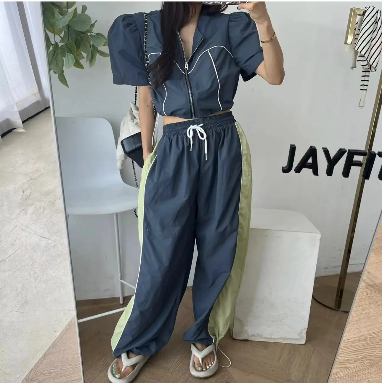 Women's Bubble Sve Windbreaker Jaet with Waist-Cinching Dstring ort Casual Pants Set Faionable Polyester Blend