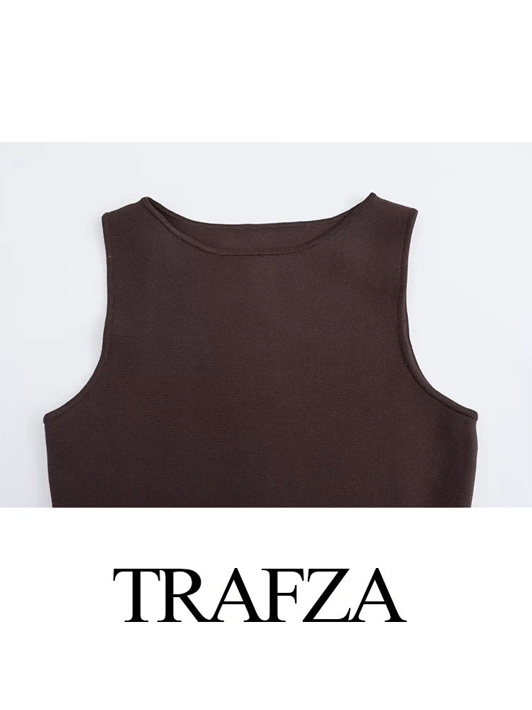 TRAFZA, nueva y elegante minifalda de punto con cinturón sin mangas y cuello redondo para mujer, vestido informal ajustado con cremallera de retazos para mujer