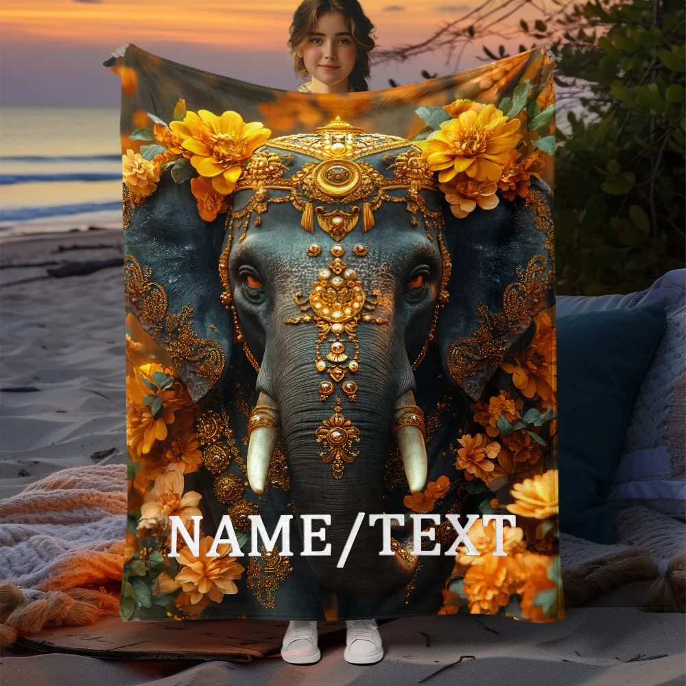 Customizable Elephant Blanket - Soft Flannel Throw with Vibrant Floral and Jewel Design, Lightweight and Warm for Sofa, Bed