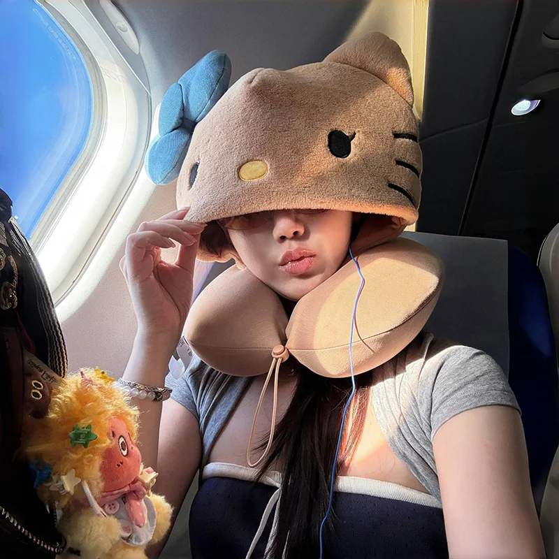 

Подушка для путешествий U-образной формы с капюшоном Black Skin Kitty, из пены с эффектом памяти, для поддержки шеи, для длительных перелетов и сна в скоростных поездах