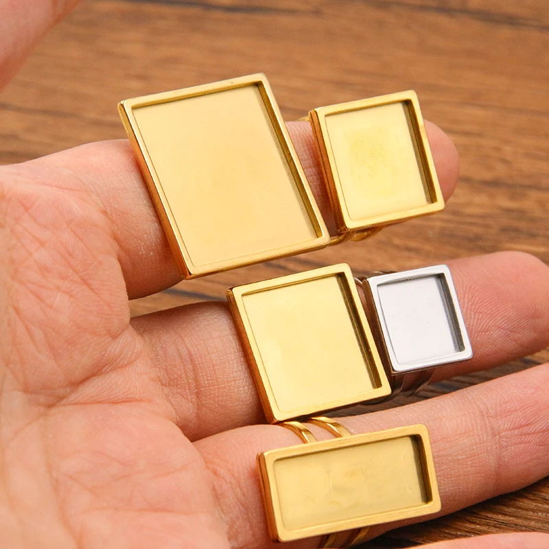 2Pcs Stainless Steel Silver Gold Color Square Rectangle Cabochon Adjustable Rings Bezel Blanks Diy Jewelry Making Accessories