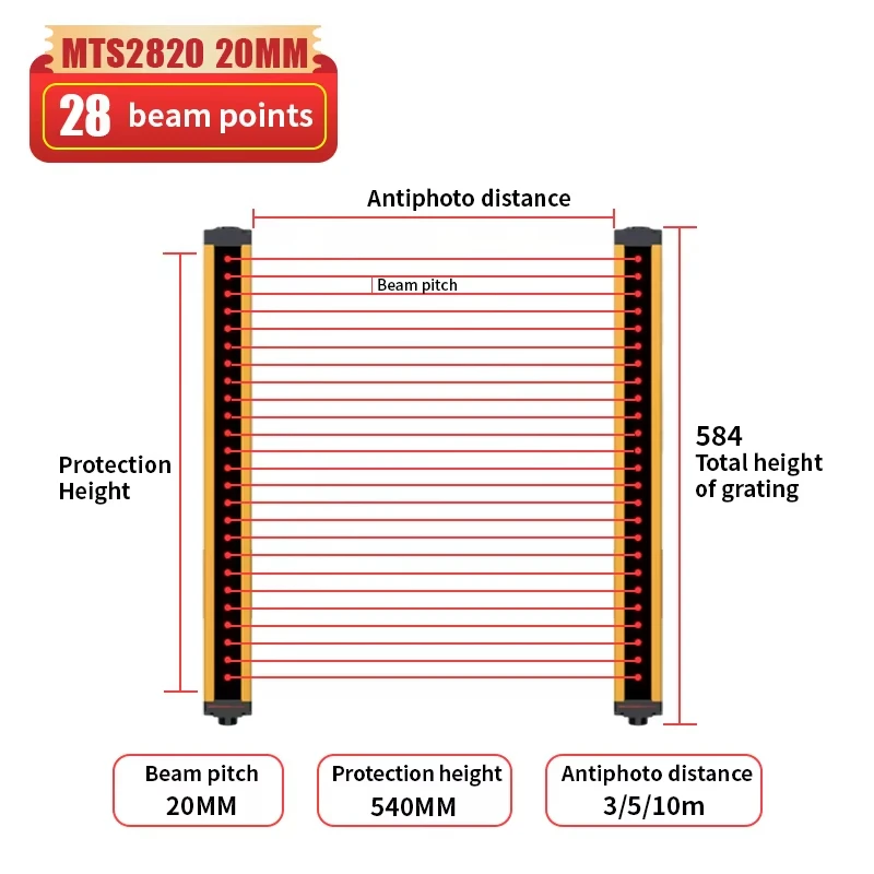 KJT-TB20 High-Resolution Safety Light Curtains 3-10m Detecting Distance Super Thin Grating Device Protector Output PNP NPN