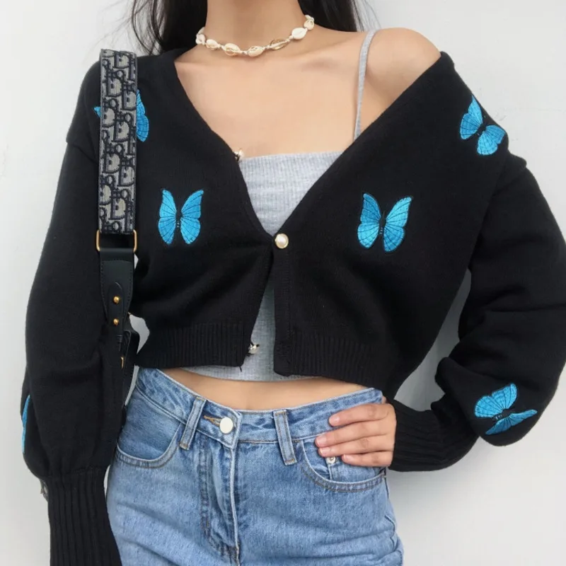 

2021 Women New Y2k Butterfly Embroidery Cardigans Lantern Sleeve V Neck Sweater Coat Knitted Single Breasted Autumn Tops E Girl