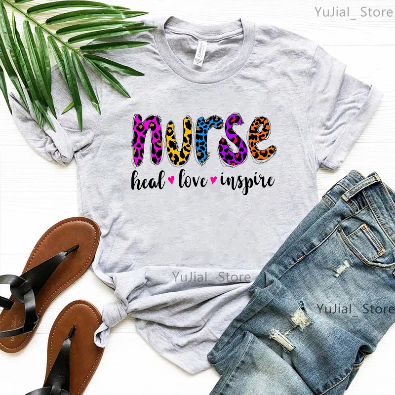 Funny Leopard Nurse Letter Print Women\'S T-Shirts Heal Love Inspire Tshirt Femme Harajuku Kawaii Clothes Summer Tops Tee Shirt