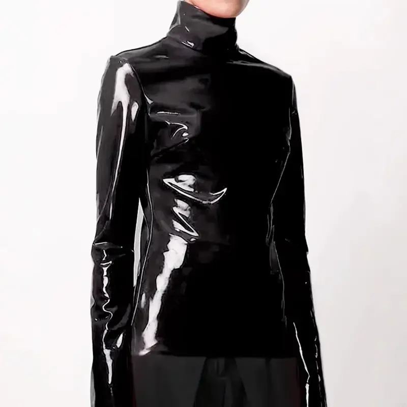 Q5WE Ethical PU Glossy Top High Neck Long Sleeve T-shirt Clothes for Fashion Women