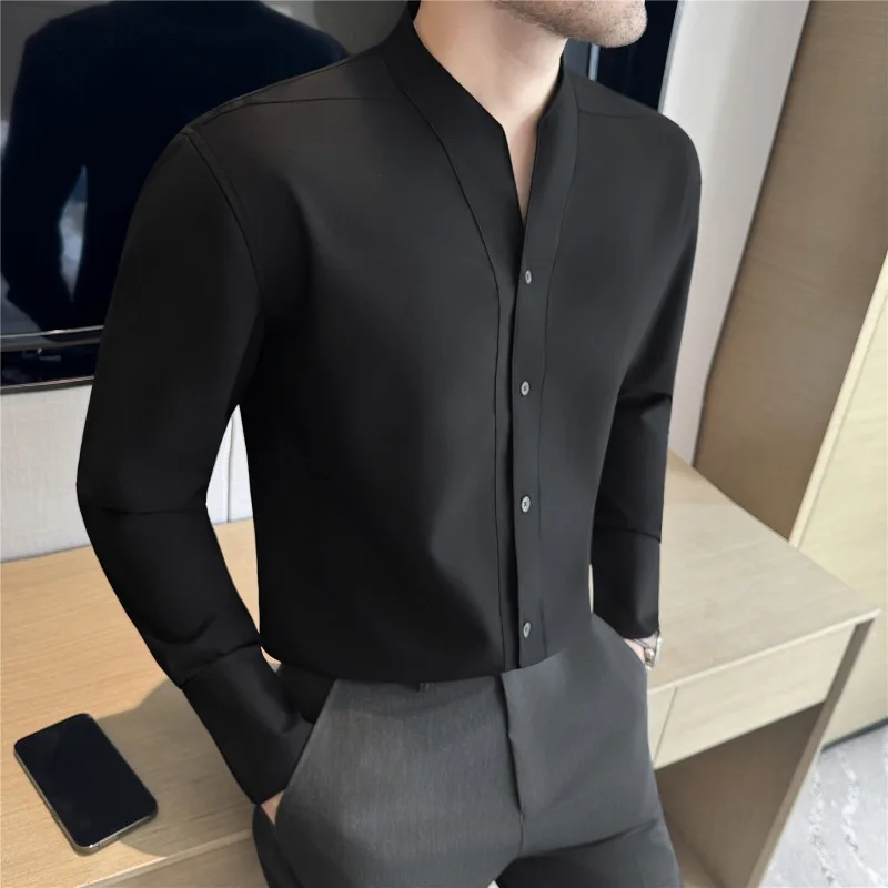 Camisa con cuello en V para hombre, estilo británico, antiarrugas, suave, liso, informal, elástico, ajustado, Top, vestido de manga larga, camisa, ropa de moda para hombre