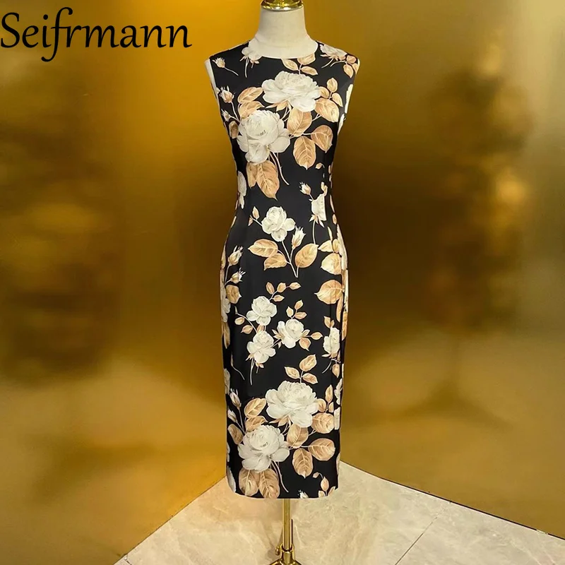Seifrmann 2025 秋の新着シルクノースリーブドレス秋ホワイトローズフラワーブラックボトムベストスカートシルク痩身