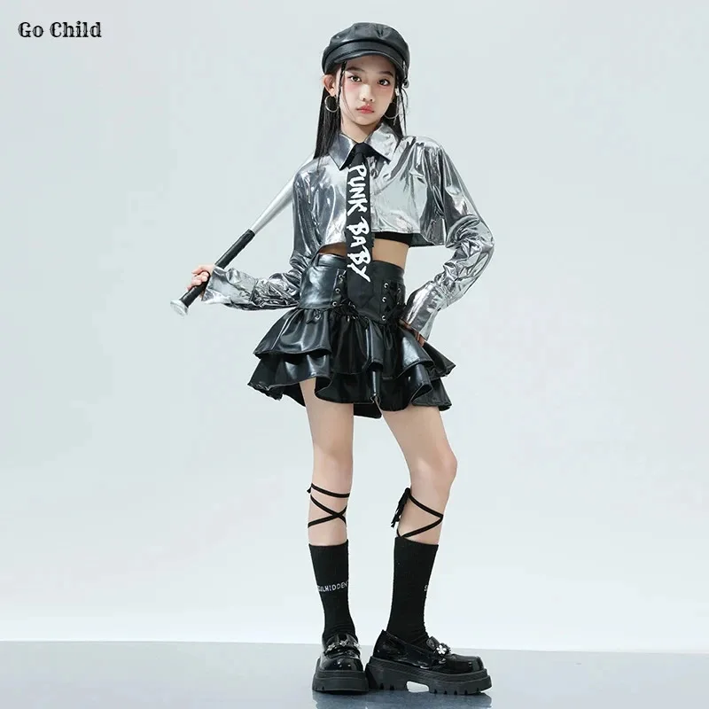 Серебряная куртка K-pop для девочек, кожаная многоярусная юбка, штаны-карго, комплект одежды, детские костюмы для уличных танцев в стиле хип-хоп, уличная одежда для детей и подростков