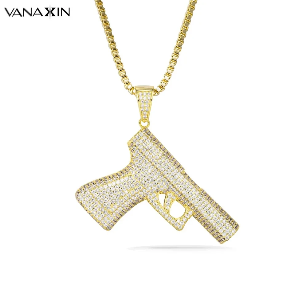 VANAXIN Pistol Gun Pendants Necklaces for Men Submachine   Hip Hop Jewelry Chain Collier Iced Out CZ Jewellery Gift