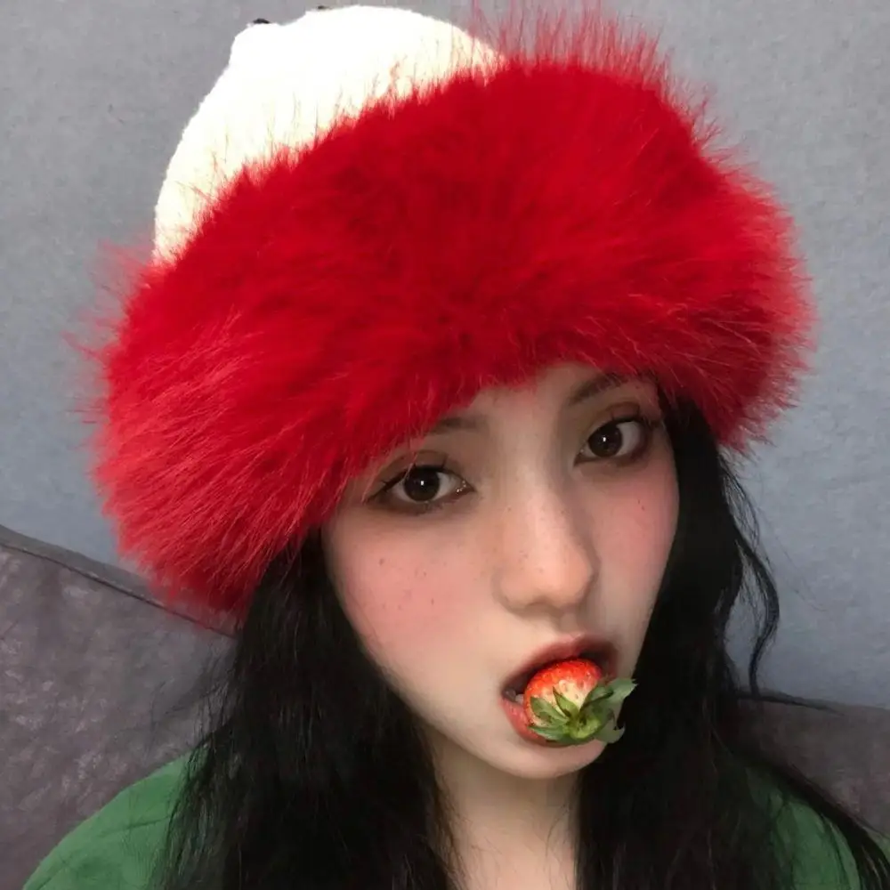 Świąteczny futrzany kapelusz rosyjski Baginskiy, modny ciepły kapelusz typu bucket, puszysty czerwono-biały kapelusz damski, gruby polarowy pluszowy kapelusz rybacki