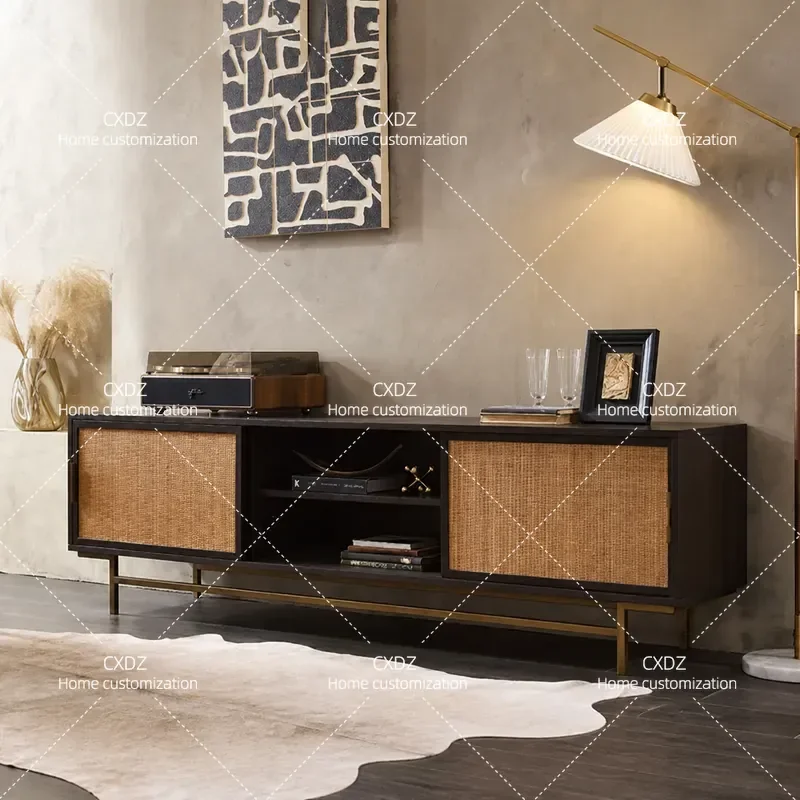 Medieval Wooden TV Cabinet Large Living Room Rattan Floor Storage Unit Nordic Retro Style Video Hall Console Furniture
