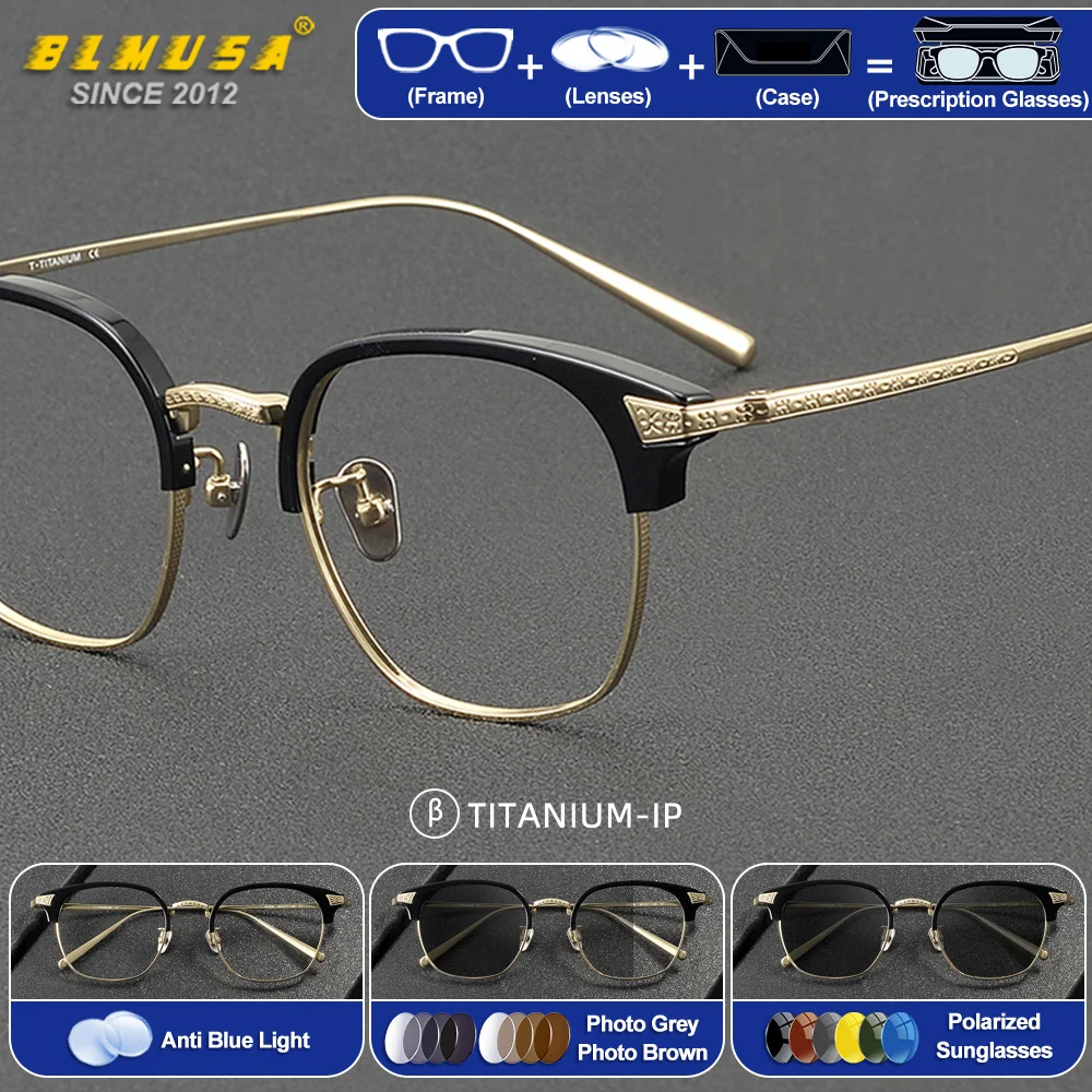 

BLMUSA (M) Pure Titanium Fashion Acetate Optical Prescription Myopia Glasses High Quality Men Anti Blue Light Reading Eyeglasses