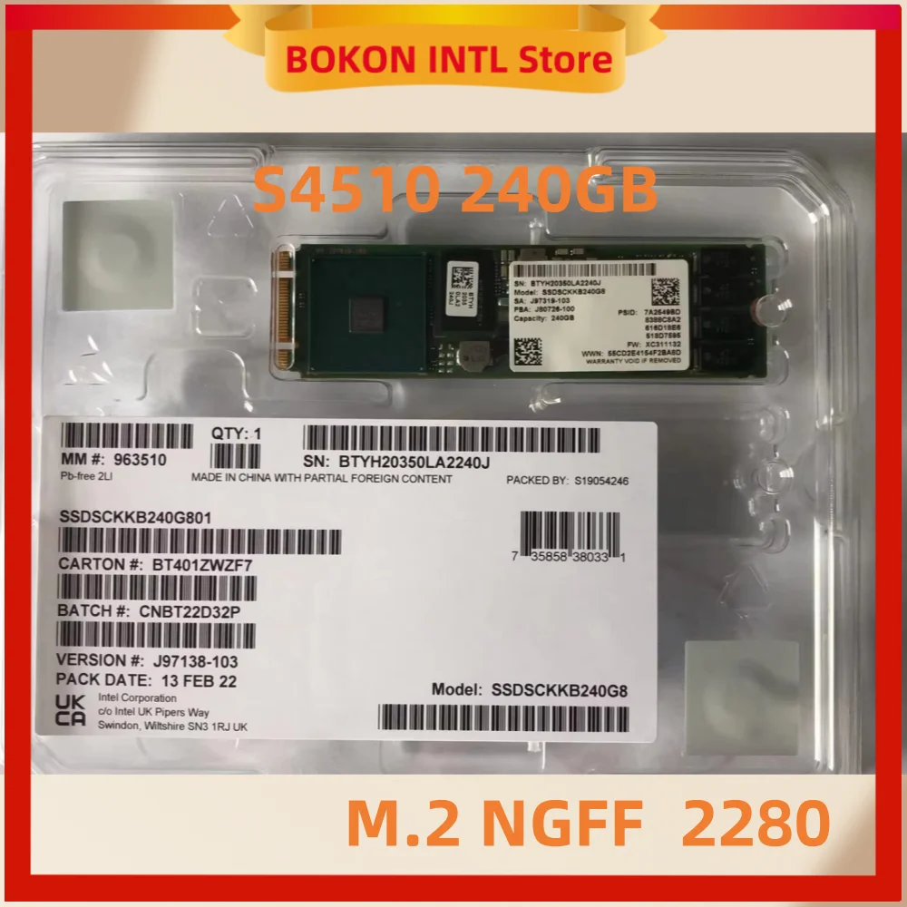 Unidad de estado sólido empresarial con protocolo S4510 240G 480G M.2 2280 SATA NGFF adecuada para computadoras Intel