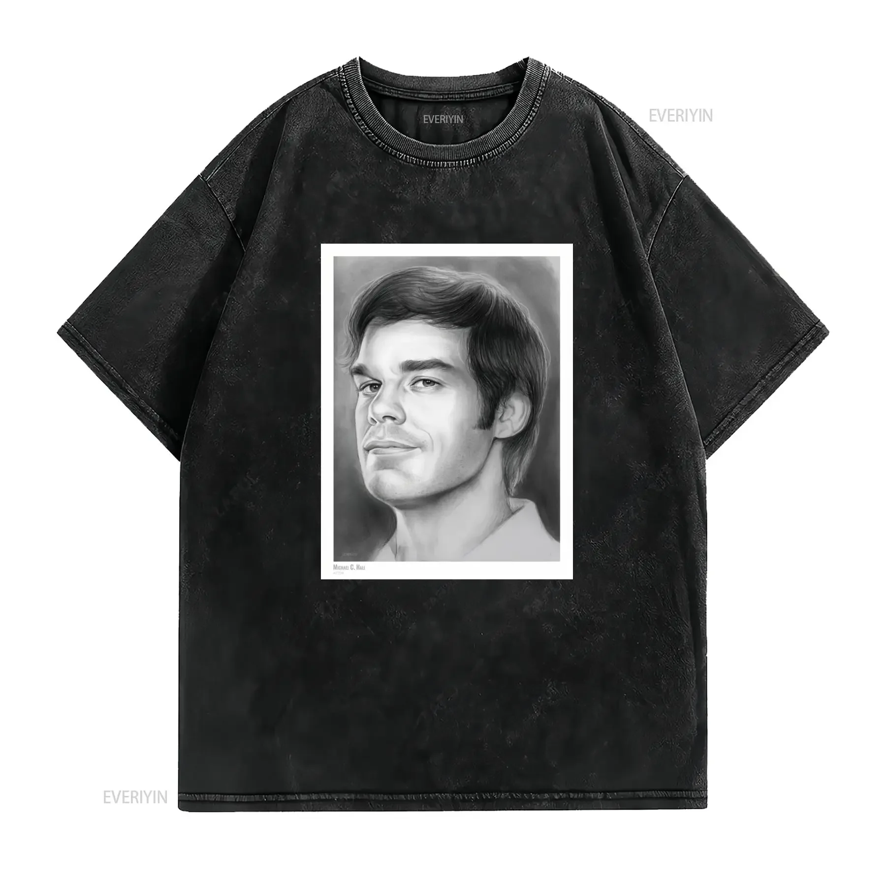 Dexter Michael C Hall Black White Sketch Portrait Print Casual T Shirt vintage Washed Stylish Slightly Versatile graphic