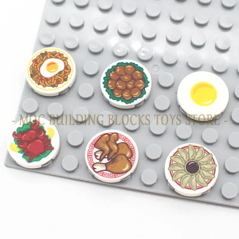 MOC Mini Food Tile Printing Cutlery Fruit Drinks Sushi Burgers Pizza Chips Cakes Desserts Chocolate Cookies Croissants Toy Parts