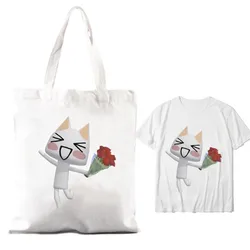 Kawaii Toro Inoue Cat Women Shoulder Bags Couple Combination Clothes Short Sleeve Collar Fashion T shirt Man Cotton