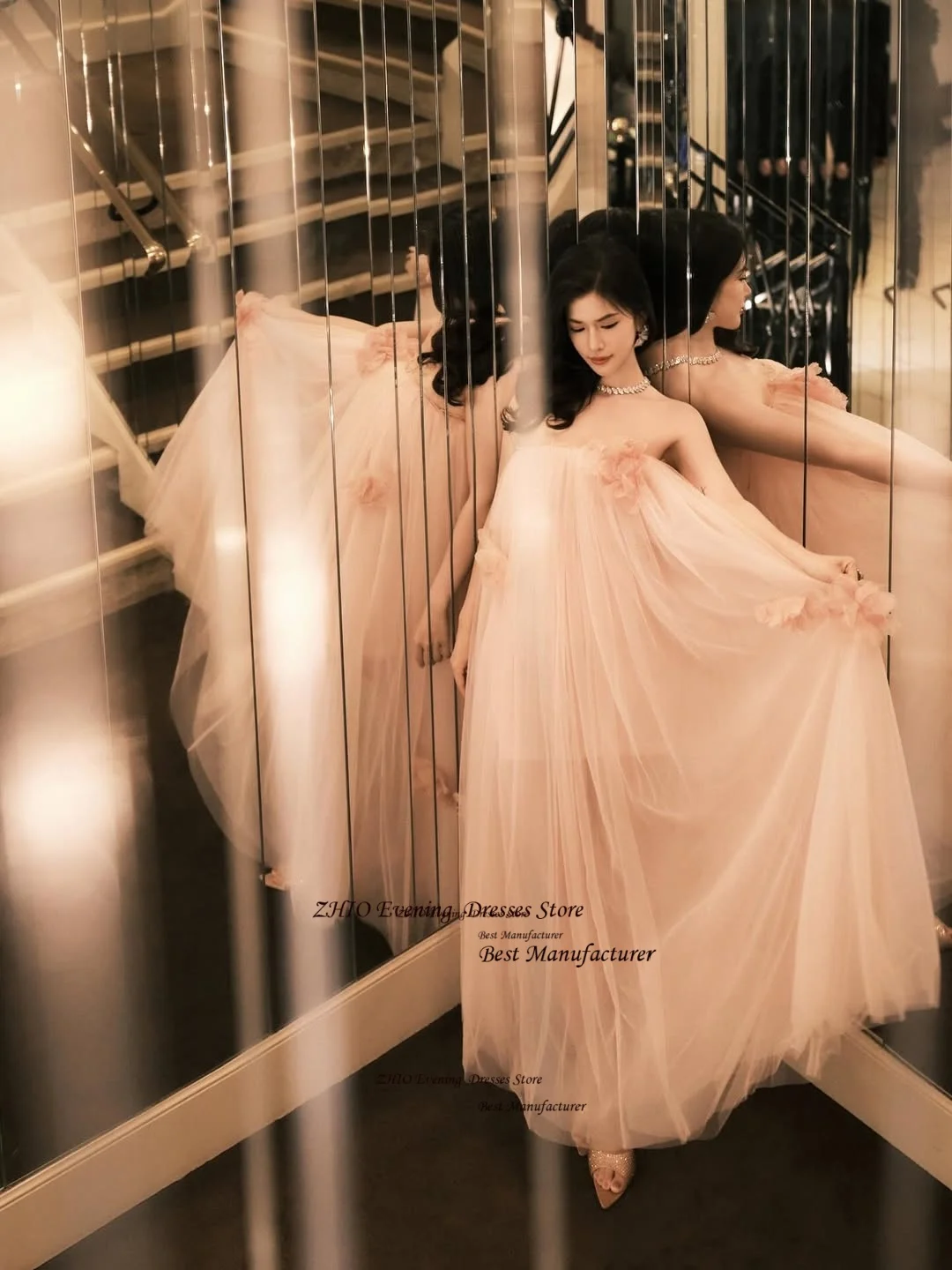 ZHIO Элегантное розовое тюлевое вечернее платье с иллюзией и цветочной аппликацией, плиссированное длинное вечернее платье без бретелек, без рукавов, платье для выпускного вечера по индивидуальному заказу