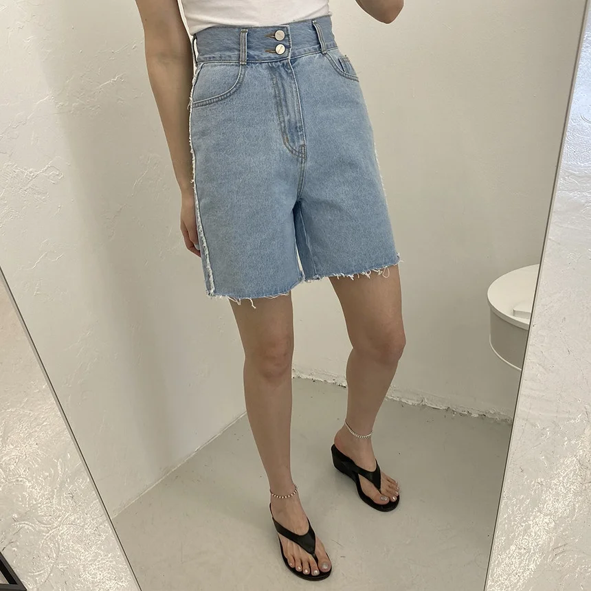 High Waist Wide Leg Denim Shorts Side Frayed Casual Loose Fit Blue Cotton Jeans Short Pants for Women Spring Summer Autumn