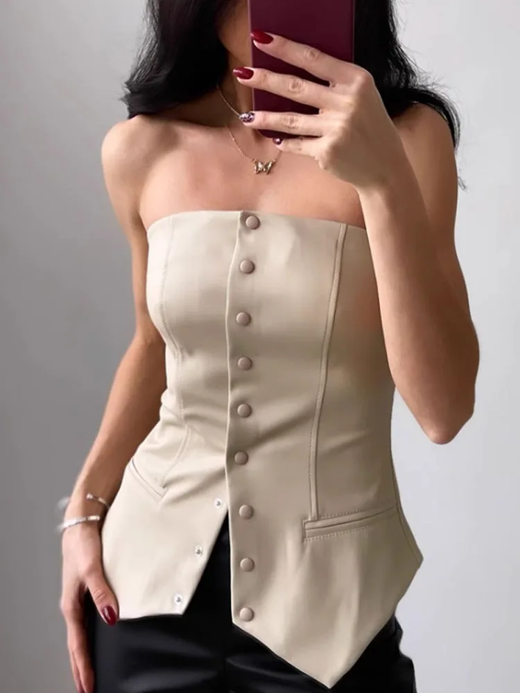 

Women's Sexy Button Front PU Leather Slash Neck Bandeau Tank Top