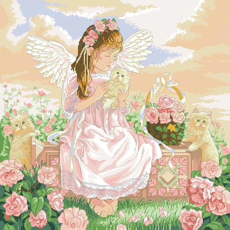 Amishop Top Quality Counted Cross Stitch Kit Tender Loving Care Angel And Kitten Cat Flowers Home Decoration Wall Art Dim 03857