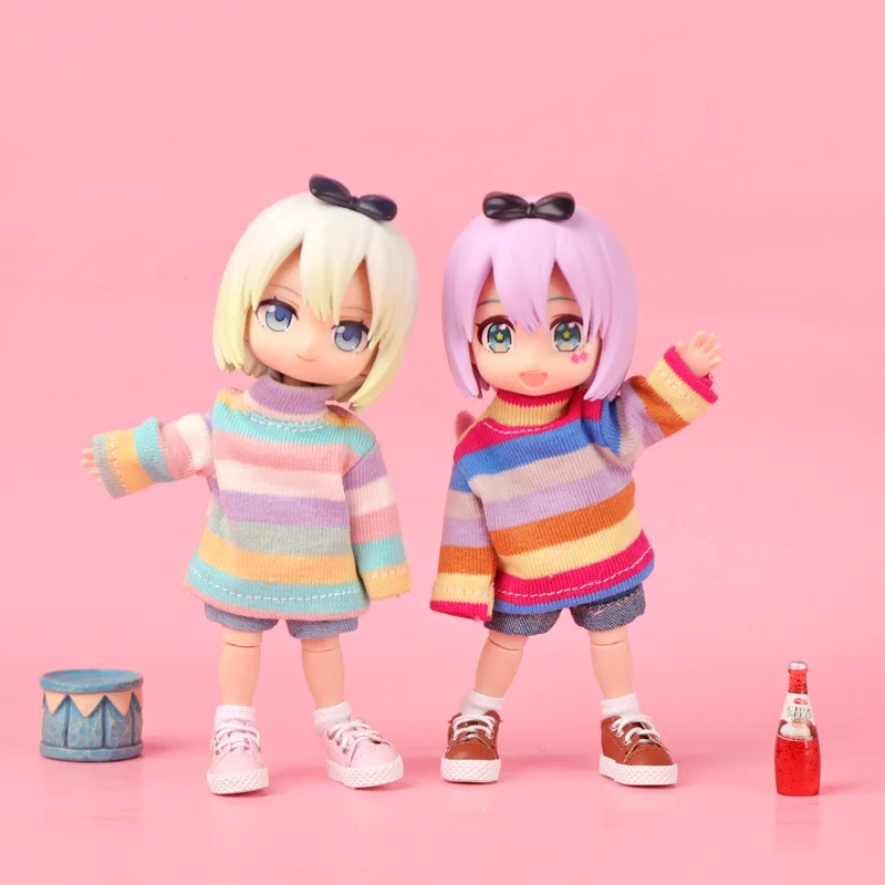 OB11 1/12 BJD GSC Rainbow Striped Doll Sweater With 3D Bear Rabbit Doll Pendant Doll Knit Top Doll Clothes Accessories Gift
