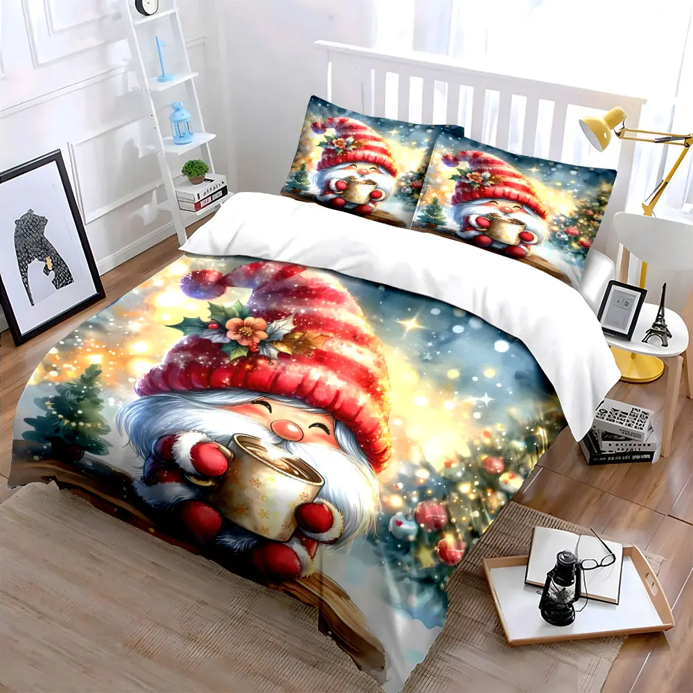 Christmas elf holding hot drink smiling Duvet Cover Set with 3D Printing Design Soft Polyester Bedding Set All-Season Comfort