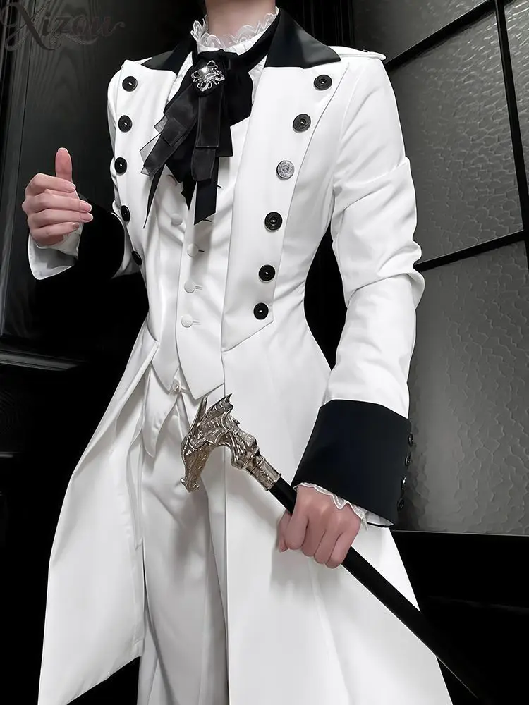 Gothic Victorian Tailcoat Black White Contrast Lapel Long Coat Noble Court Style Vintage Formal Outerwear Autumn Winter Jacket