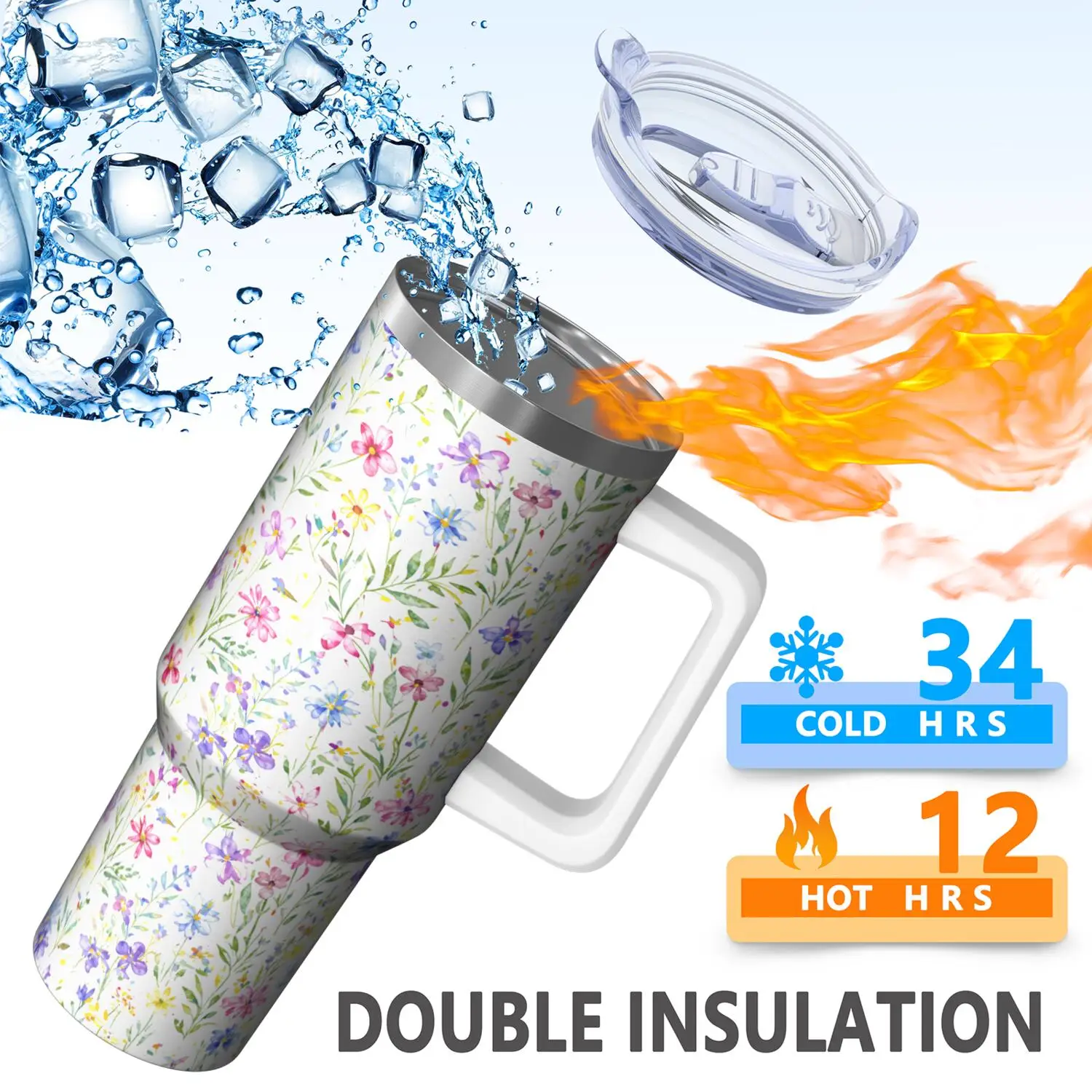 Flower40Oz Handle Cup - Includes Straw Set, Inner Layer Made of 304 Stainless Steel, Outer Layer Made of 201 Stainless Steel, Seamless Inner Liner, Lid Made of PC Material, Durable, an Excellent Gift, Lid for More Peace of Mind While Traveling